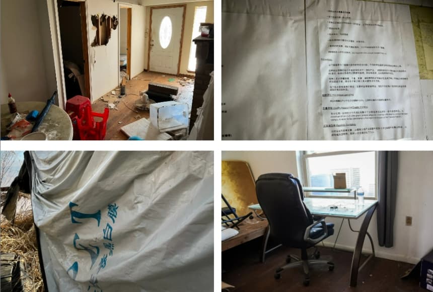 (Arriba a la izquierda) El interior de una casa utilizada por ciudadanos chinos en una instalación ilegal de cultivo de marihuana en Ponca City, Oklahoma, el 22 de diciembre de 2025. (Arriba a la derecha) Un mensaje escrito en chino permanece clavado en un tablón de anuncios dentro de las instalaciones de Ponca City, Oklahoma, el 22 de diciembre de 2025. (Abajo a la izquierda) Una lona con escritura china cubre la parte trasera de uno de los varios edificios del lugar en Ponca City, Oklahoma, el 22 de diciembre de 2025. (Abajo a la derecha) El escritorio del gerente de una operación de cultivo ilegal en Ponca City, Oklahoma, el 22 de diciembre de 2025. (Allan Stein/The Epoch Times)