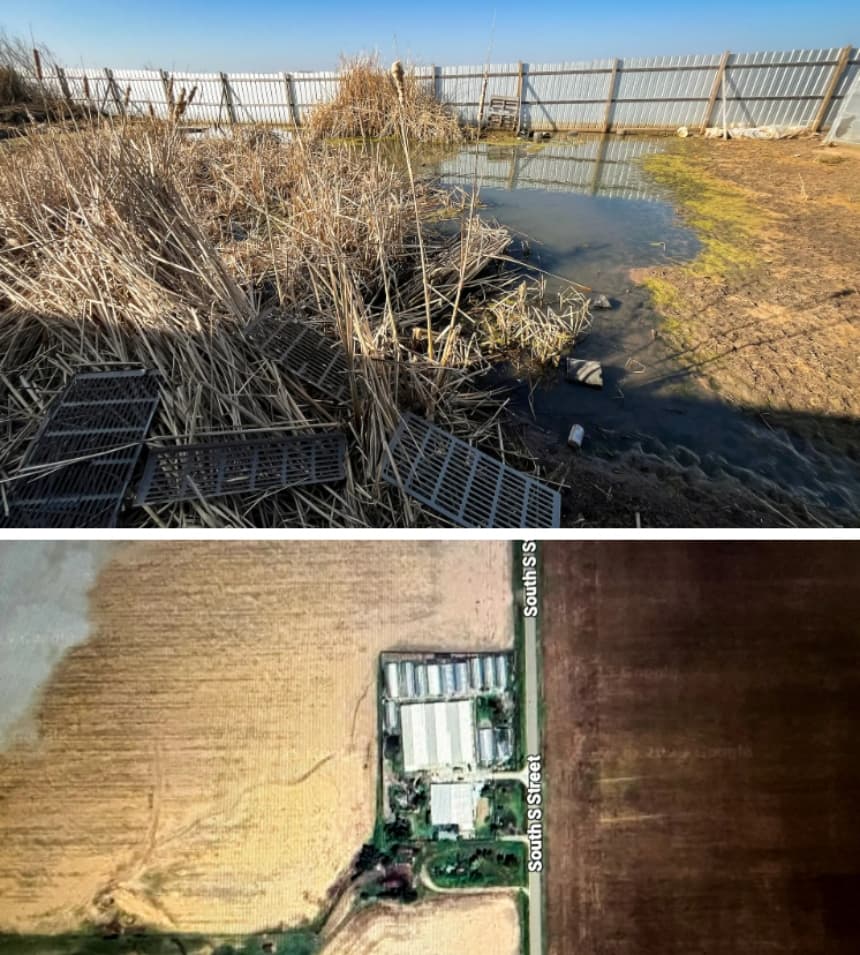 (Arriba) Un estanque primaveral contaminado con productos químicos utilizados para el cultivo ilegal de marihuana bordea un campo agrícola en Ponca City, Oklahoma, el 22 de diciembre de 2025. (Abajo) Una imagen de Google Maps muestra la magnitud de la operación de una instalación ilegal de cultivo de marihuana en South S Street, en Ponca City, Oklahoma. (Allan Stein/The Epoch Times, Google Maps/Captura de pantalla vía The Epoch Times)