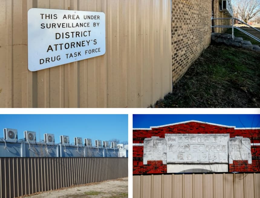 (Arriba) El antiguo emplazamiento del instituto Braman sigue bajo vigilancia por parte de la Fiscalía del Distrito 8 en Braman, Oklahoma, el 22 de diciembre de 2025. (Abajo a la izquierda) Una fila de ventiladores industriales utilizados para controlar la temperatura fue instalada en esta instalación ilegal de cultivo de marihuana en Braman, Oklahoma, el 22 de diciembre de 2025. (Abajo a la derecha) Un antiguo edificio de instituto que albergaba una operación ilegal de cultivo de marihuana cerrada por varias fuerzas del orden en 2022, cuando se incautaron más de 19,000 plantas de marihuana, en Braman, Oklahoma, el 22 de diciembre de 2025. (Allan Stein/The Epoch Times)