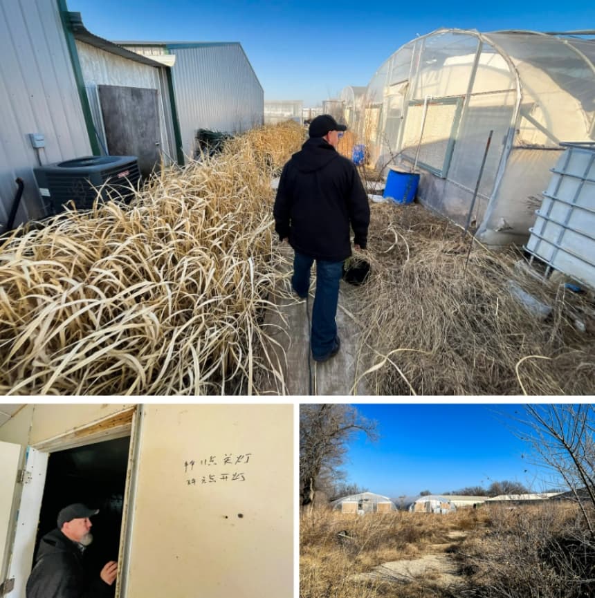 (Arriba) El agente antidroga de Oklahoma Mike García camina por una plantación ilegal de marihuana en Ponca City, Oklahoma, el 22 de diciembre de 2025. (Abajo a la izquierda) Mike García entra en una habitación de una operación ilegal de marihuana dirigida por ciudadanos chinos en Ponca City, Oklahoma, el 22 de diciembre de 2025. (Abajo a la derecha) Varios invernaderos utilizados para el cultivo ilegal de marihuana se ven a lo lejos en una instalación que fue cerrada tras una redada en 2023, en Ponca City, Oklahoma. (Allan Stein/The Epoch Times)