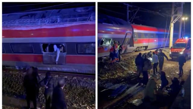 (Izquierda) Una persona sale de un tren descarrilado mientras los equipos de emergencia registran los restos tras el descarrilamiento de dos trenes de alta velocidad en Adamuz, cerca de Córdoba, España, el 18 de enero de 2026. (Derecha) Los equipos de emergencia registran los restos tras el descarrilamiento de dos trenes de alta velocidad en Adamuz, cerca de Córdoba, España, el 18 de enero de 2026. (@eleanorinthesky vía X/Handout vía Reuters)