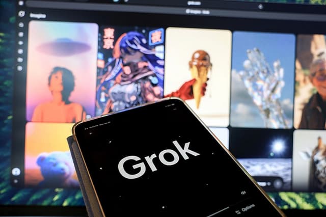 En esta ilustración fotográfica, se ve el sitio web Grok Imagine en un iPad (en primer plano) y en la pantalla de una computadora el 26 de enero de 2026 en Miami, Florida. (Joe Raedle/Getty Images)