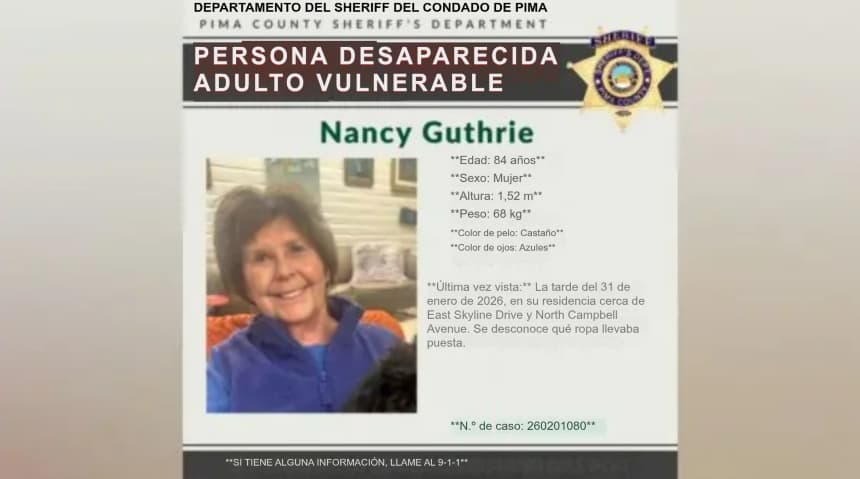 Alerta de persona desaparecida para Nancy Guthrie. (Departamento del Sheriff del condado de Pima a través de AP)
