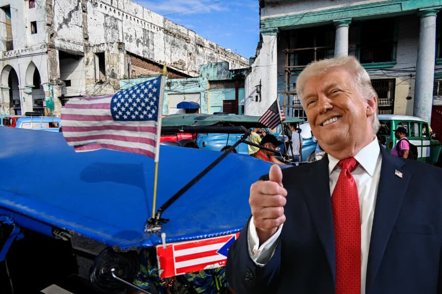Composición de The Epoch Times. Personas caminan junto a un triciclo utilizado como taxi y decorado con la bandera estadounidense en La Habana, el 21 de enero de 2025. (YAMIL LAGE/AFP vía Getty Images); El presidente de EE. UU., Donald Trump, en Palm Beach, Florida, el 16 de enero de 2026. (ANDREW CABALLERO-REYNOLDS / AFP a través de Getty Images)