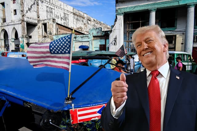 Composición de The Epoch Times. Personas caminan junto a un triciclo utilizado como taxi y decorado con la bandera estadounidense en La Habana, el 21 de enero de 2025. (YAMIL LAGE/AFP vía Getty Images); El presidente de EE. UU., Donald Trump, en Palm Beach, Florida, el 16 de enero de 2026. (ANDREW CABALLERO-REYNOLDS / AFP a través de Getty Images)