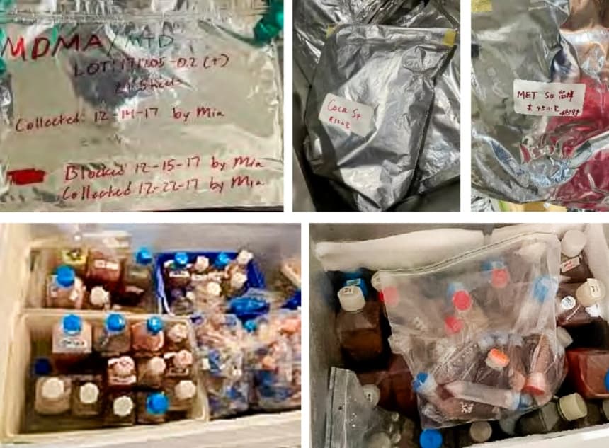 (Arriba) Bolsas etiquetadas como "MDMA", "Coca" y "Met" encontradas en los congeladores del laboratorio biológico de Reedley, en California. Es probable que "Coca" y "Met" se refieran a cocaína y metanfetamina. Otras bolsas estaban etiquetadas como "THC" y "Amp" (probablemente anfetamina). (Abajo) Sangre y otros fluidos descubiertos en dos de los 30 refrigeradores y congeladores del laboratorio biológico. (Ciudad de Reedley)