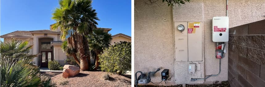 (Izquierda) La propiedad situada en el 979 de Sugar Springs Drive, en Las Vegas, el 3 de febrero de 2026. Las fuerzas del orden registraron la vivienda el 31 de enero de 2026, tras recibir un aviso sobre actividades sospechosas relacionadas con materiales desconocidos. (Derecha) Cajas eléctricas en el lateral de un garaje donde las fuerzas del orden descubrieron un congelador y varios frigoríficos en un presunto laboratorio biológico ilegal. (Allan Stein/The Epoch Times)