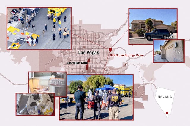(Ilustración de The Epoch Times, Allan Stein/The Epoch Times, FBI, LVMPD vía AP, capturas de pantalla vía The Epoch Times, Policía Metropolitana de Las Vegas)