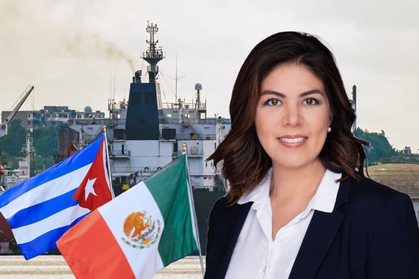 Ilustración de The Epoch Times. Fotografía de cortesía de América Rangel; La bandera de México y Cuba. (ANTONIO LEVI/AFP via Getty Images); El petrolero y químico mexicano Bicentenario es visto en la refinería de petróleo Ñico López en La Habana el 8 de junio de 2023. (Yamil Lage/AFP vía Getty Images)
