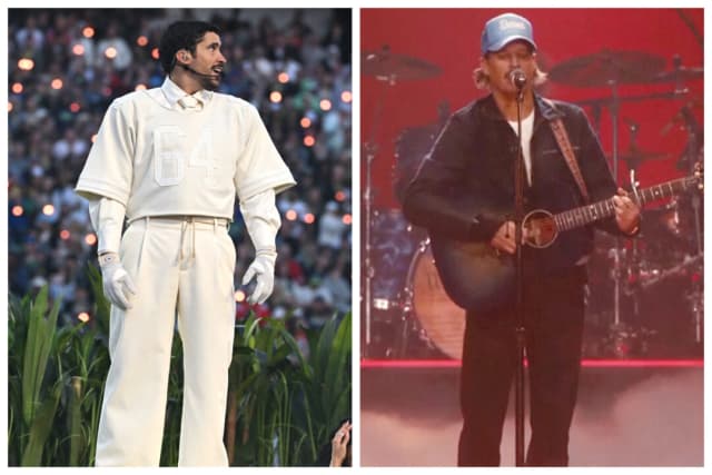 (Izquierda) El cantante puertorriqueño Bad Bunny actúa durante el espectáculo del descanso de la Super Bowl LX en el Levi's Stadium de Santa Clara, California, el 8 de febrero de 2026. (Derecha) Kid Rock actúa durante el «All-American Halftime Show» en un vídeo publicado el 8 de febrero de 2026. (Josh Edelson/AFP a través de Getty Images; Turning Point USA a través de Reuters).
