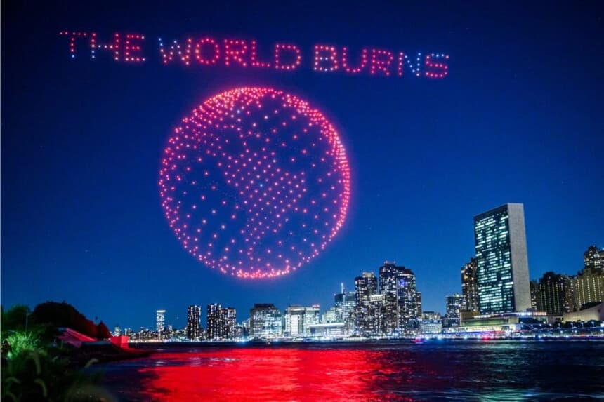 Una exhibición de luces creada con drones se realiza cerca de la sede de la ONU antes de la 78.ª Asamblea General de la ONU en la ciudad de Nueva York el 15 de septiembre de 2023. (Ed Jones/AFP via Getty Images)