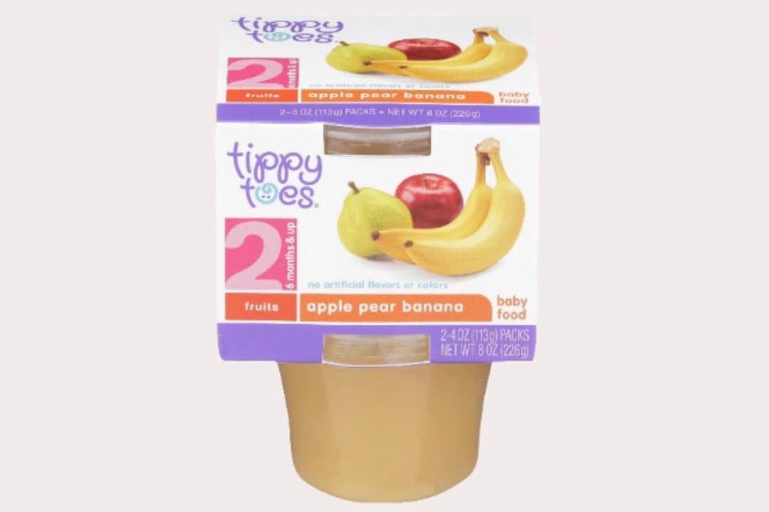 Imagen de la etiqueta del puré de manzana, pera y plátano Tippy Toes, de Initiative Foods, con sede en California. (Cortesía de la FDA).