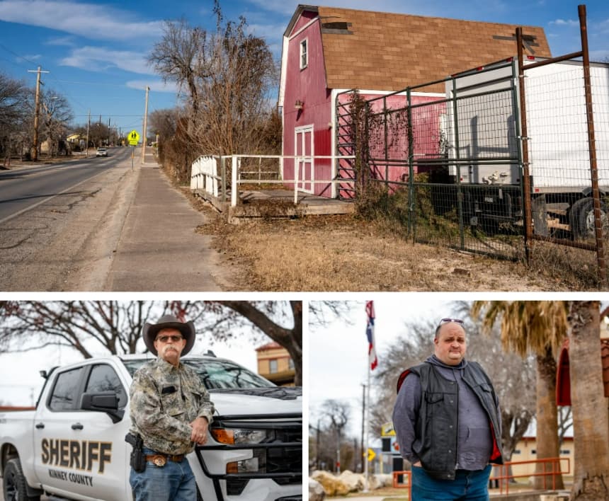 (Arriba) Brackettville, Texas, el 30 de enero de 2026. Brackettville se encuentra al norte del puesto de control de la Patrulla Fronteriza en la autopista 57, pasando Eagle Pass y al oeste del puesto de control de Uvalde, lo que la convierte en un lugar ideal para los fugitivos, es decir, los inmigrantes ilegales que evaden la captura. (Abajo a la izquierda) El sheriff Brad Coe en Brackettville, Texas, el 30 de enero de 2026. (Abajo a la derecha) Matt Benacci, miembro de la junta escolar del Distrito Escolar Independiente de Brackett, en Brackettville, Texas, el 30 de enero de 2026. (Samira Bouaou/The Epoch Times)