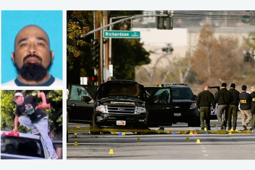 Composición E.T. (Superior izquierda): Elpidio Reyna (Inferior izquierda): Enmascarado acusado de agredir a agente Federal. (FBI).  (Derecha): Imagen Ilustrativa: La policía continúa investigando el tiroteo masivo ocurrido en el Inland Regional Center de San Bernardino, California con un saldo de al menos 14 muertos y otros 17 heridos. (Sean M. Haffey/Getty Images).       