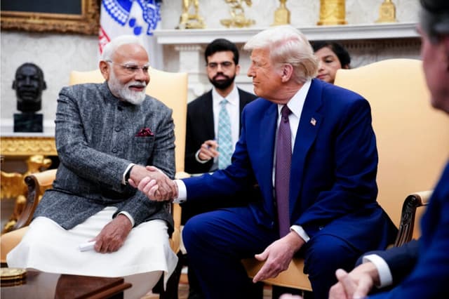 Estados Unidos El presidente Donald Trump y el primer ministro indio Narendra Modi se reúnen en la Oficina Oval de la Casa Blanca el 13 de febrero de 2025.  (Andrew Harnik/Getty Images)