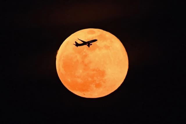 Un avión sobrevuela la luna llena, también conocida como «luna del cazador», en Singapur el 7 de octubre de 2025. (Roslan Rahman/AFP vía Getty Images)