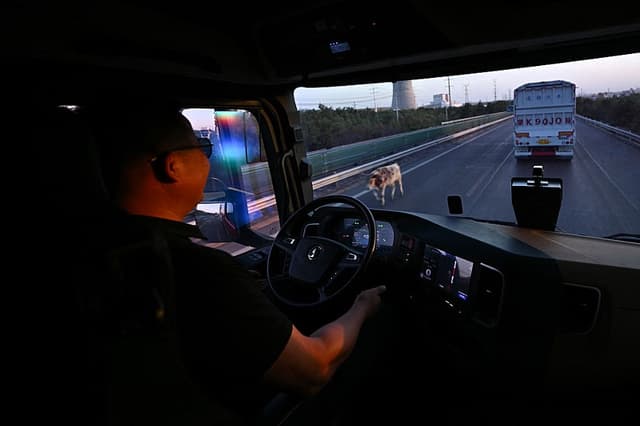 Esta fotografía, tomada el 13 de agosto de 2025, muestra a un conductor supervisando una prueba de un camión autónomo de la empresa de logística de conducción autónoma KargoBot en Ordos, en la región de Mongolia Interior, al norte de China. (PEDRO PARDO/AFP a través de Getty Images)

