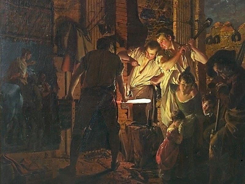 "Una herrería", 1771, de Joseph Wright de Derby. Cuenta la leyenda que Pitágoras forjó la teoría musical observando a un herrero trabajar. (Dominio público).
