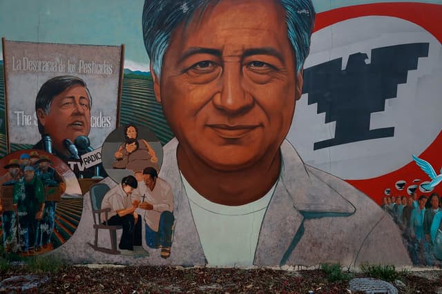  Un mural del líder sindical y activista por los derechos civiles César Chávez se exhibe en el Parque Conmemorativo César E. Chávez el 18 de marzo de 2026 en San Fernando, California. (Justin Sullivan/Getty Images)