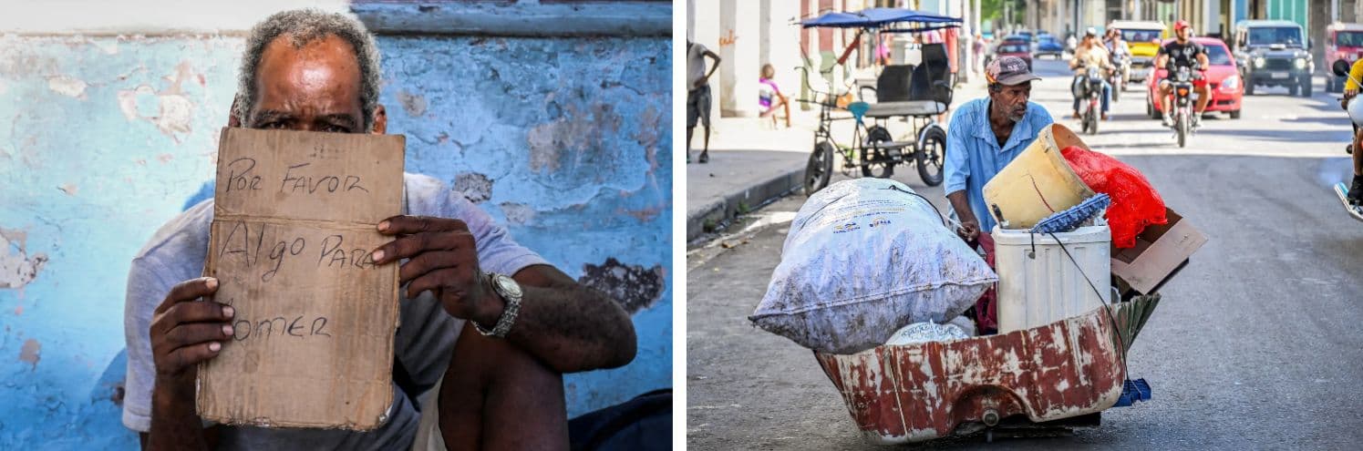 (Arriba a la izquierda) Un hombre rebusca en un contenedor de basura en La Habana el 15 de julio de 2025. (Arriba a la derecha) Personas sin hogar sentadas y tumbadas en una calle de La Habana el 21 de julio de 2025. (Abajo a la izquierda) Un hombre pide comida en una calle de La Habana el 21 de julio de 2025. (Abajo a la derecha) Un hombre transporta basura recogida en una calle de La Habana el 21 de julio de 2025. (Adalberto Roque/AFP vía Getty Images, Yamil Lage/AFP vía Getty Images)