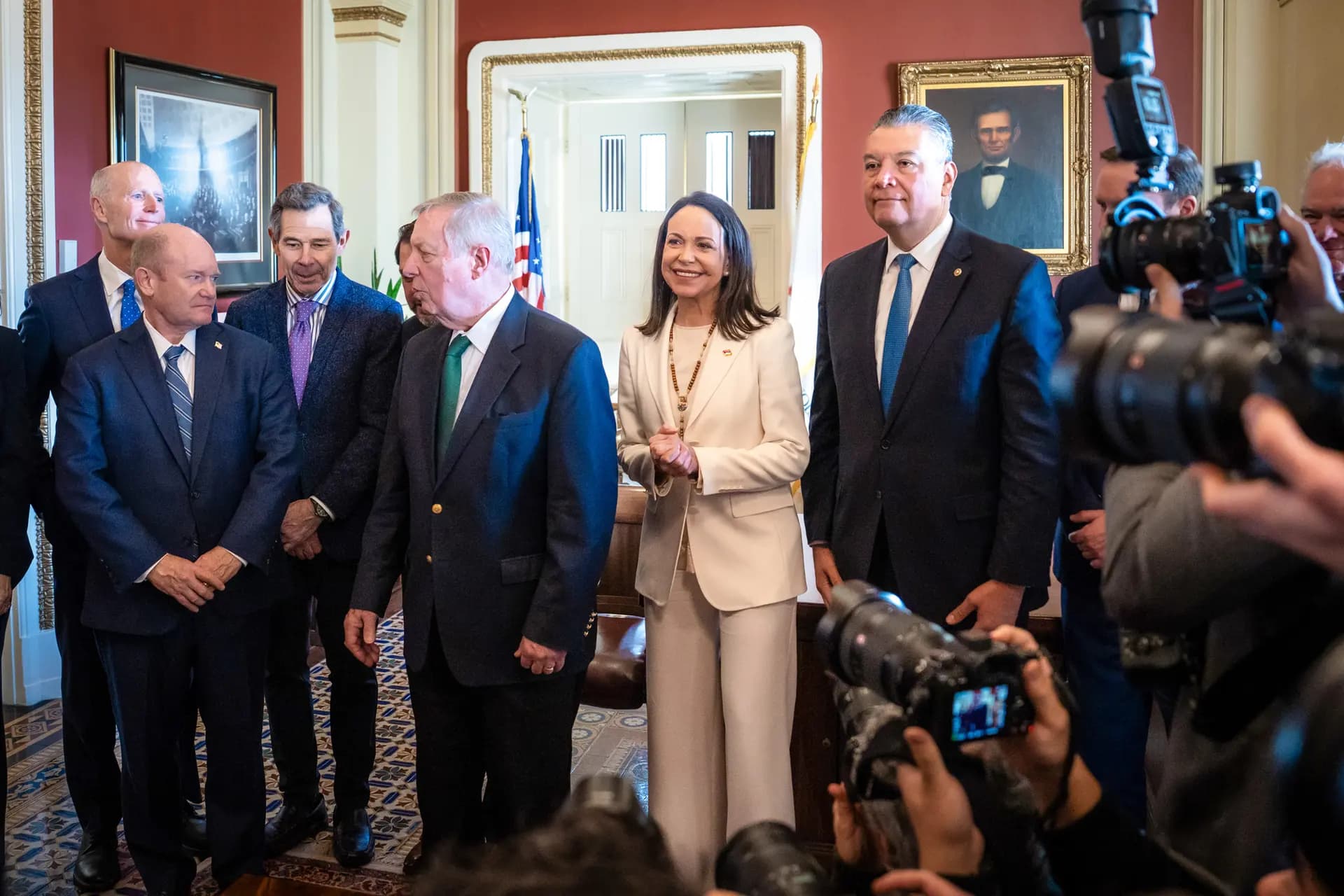 La líder de la oposición venezolana, María Corina Machado, antes de una reunión con legisladores en el Capitolio en Washington el 15 de enero de 2025. (Madalina Kilroy/The Epoch Times)