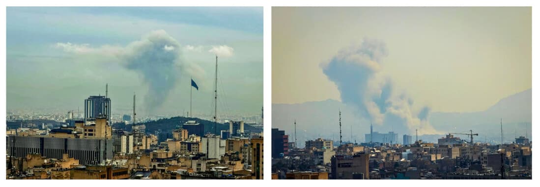 Una columna de humo se eleva desde el lugar de un ataque en Teherán, Irán, el 16 de marzo (izquierda) y el 17 de marzo (derecha) de 2026. (Atta Kenare / AFP vía Getty Images).