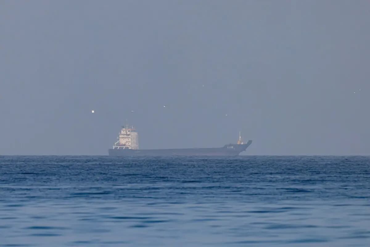 Se observa el buque de carga Ali 25 cerca del estrecho de Ormuz, frente a la costa norte de Ras al-Jaimah, en los Emiratos Árabes Unidos, el 22 de marzo de 2026. (Stringer/Getty Images)
