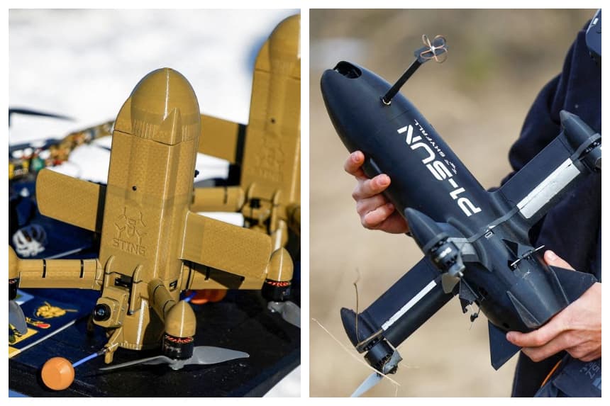 (Izquierda) Un dron interceptor STING FPV se exhibe en una exposición en Ucrania el 20 de febrero de 2026. Un funcionario de seguridad ucraniano declaró el 20 de marzo que Ucrania había enviado equipos y operadores a varios Estados árabes del Golfo para ayudar en la interceptación de drones durante el conflicto con Irán. (Derecha) Un empleado de SkyFall transporta un dron interceptor P1-Sun FPV antes de un vuelo de prueba en un campo de entrenamiento en Ucrania el 6 de marzo de 2026. (Valentyn Ogirenko/Reuters/Foto de archivo)