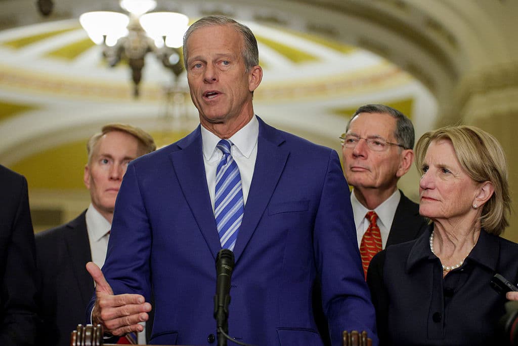<em>El líder de la mayoría del Senado de EE. UU., el senador John Thune (republicano por Dakota del Sur) (centro), habla en el Capitolio de EE. UU. el 24 de marzo de 2026 en Washington, DC. (Foto de Alex Wong/Getty Images)</em>