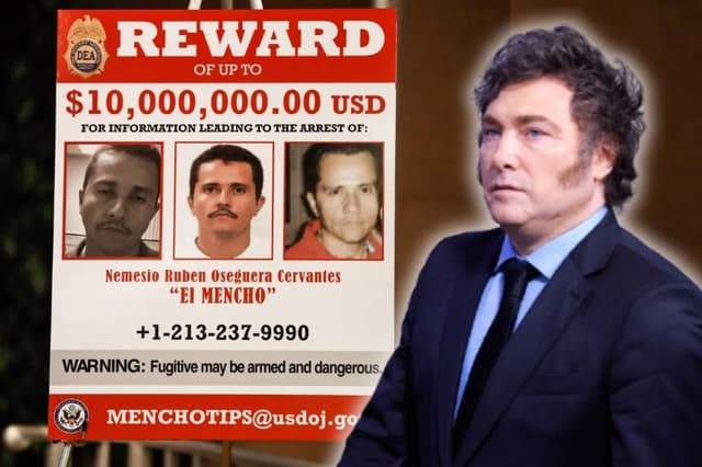 Composición de The Epoch Times. Javier Milei, presidente de Argentina en el Museo de Arte Moderna el 19 de noviembre de 2024 en Río de Janeiro, Brasil. (Wagner Meier/Getty Images); Un cartel muestra la recompensa de 10 millones de dólares por el capo del Cartel de Jalisco Nueva Generación, Nemesio Oseguera Cervantes, también conocido como "El Mencho" en el Departamento de Justicia en Washington, el 11 de marzo de 2020. (Charlotte Cuthbertson/The Epoch Times)
