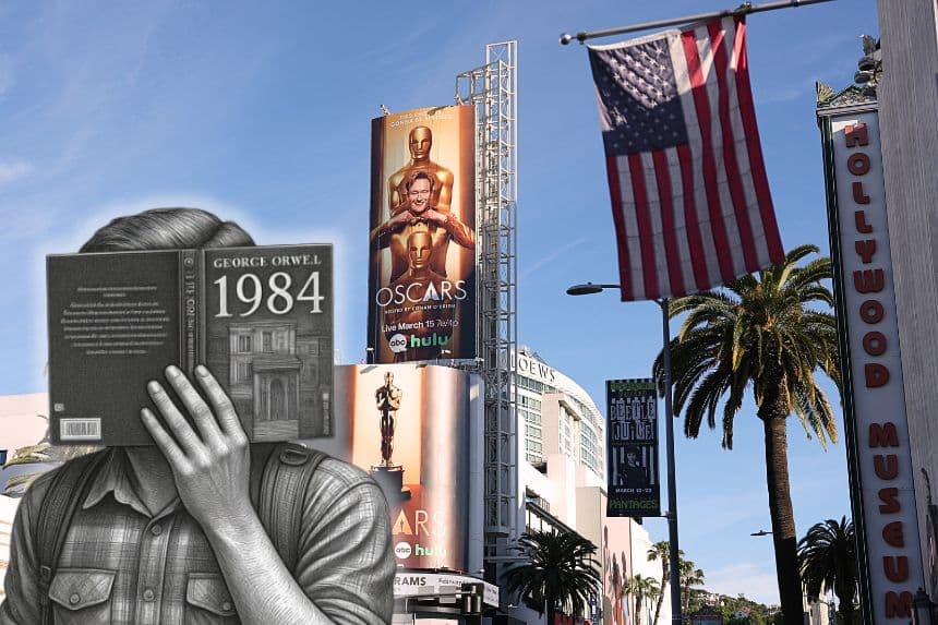 Fondo: El presentador y cómico estadounidense Conan O'Brien aparece en una valla publicitaria de los Óscar situada frente al Dolby Theatre, antes de la 98.ª edición de los Premios de la Academia, celebrada en Hollywood, California, el 13 de marzo de 2026; Izq: Un manifestante sostiene una traducción al alemán del libro de George Orwell "1984" el 1 de agosto de 2015 en Berlín, Alemania. Composición de The Ecoch Times. (Angela Weiss, Adam Berry/Getty Images)