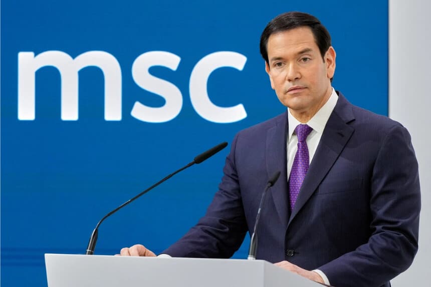 Estados Unidos El Secretario de Estado Marco Rubio habla en la 62a Conferencia de Seguridad de Múnich en Múnich, Alemania, el 14 de febrero de 2026. (Alex Brandon/Pool/AFP vía Getty Images)