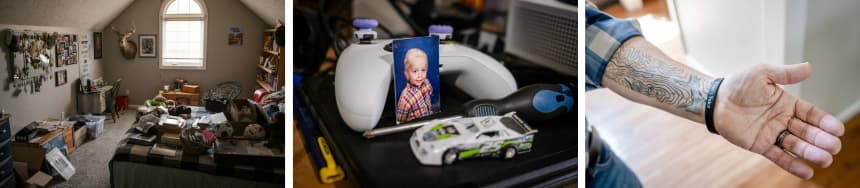 (Izquierda) Se muestra el dormitorio del difunto Evan Boettler en Aurora, Misuri, el 23 de marzo de 2026. (Centro) Una foto de Evan Boettler de niño junto a su mando de videojuegos en su casa de Aurora, Misuri, el 23 de marzo de 2026. (Derecha) Brad Boettler, el padre de Evan, muestra un tatuaje que representa un espacio al aire libre al que solía ir con su hijo, en Aurora, Misuri, el 23 de marzo de 2026. (John Fredricks/The Epoch Times)