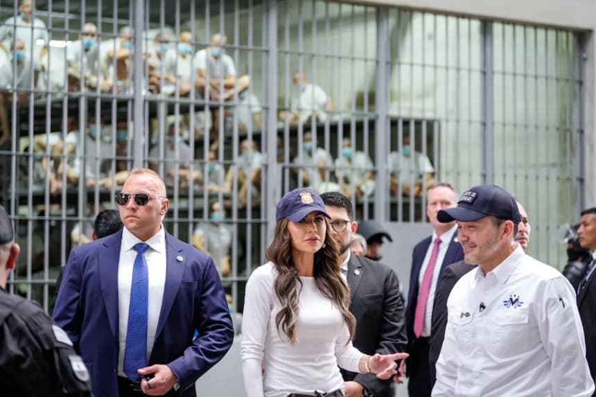 La secretaria de Seguridad Nacional, Kristi Noem, acompañada por el ministro de Justicia y Seguridad Pública, Héctor Gustavo Villatoro (derecha), recorre el Centro de Confinamiento de Terroristas (CECOT) en Tecoluca, El Salvador, el 26 de marzo de 2025. (Alex Brandon/Getty Images)