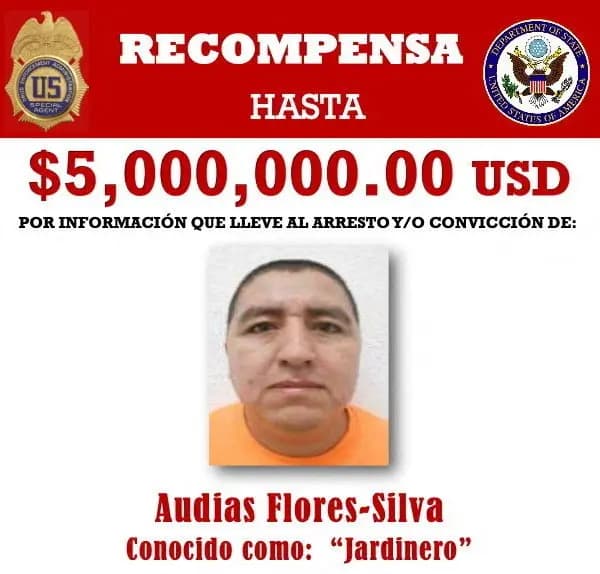 Una imagen sin fecha del cartel de búsqueda del Departamento de Estado de los EE. UU. de Audias Flores Silva, conocido como "El Jardinero", uno de los líderes del Cártel Jalisco Nueva Generación (CJNG). (Departamento de Estado de los EE. UU. vía Reuters)