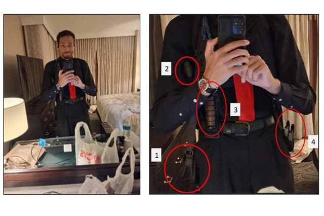 Esta imagen, incluida en un escrito judicial presentado por el Departamento de Justicia, muestra a Cole Allen en su habitación de hotel, el 25 de abril de 2026 en Washington, mientras se toma una foto con su teléfono móvil frente al espejo. (Departamento de Justicia vía AP)

