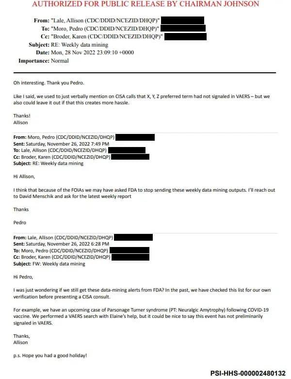 Una captura de pantalla de una cadena de correo electrónico obtenida por el senador Ron Johnson. (Captura de pantalla de The Epoch Times)