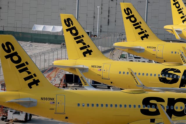 FORT LAUDERDALE, FLORIDA - MAY 02: Spirit Airlines planes are parked on the tarmac at the Fort Lauderdale-Hollywood International Airport on May 02, 2026 in Fort Lauderdale, Florida. Spirit Aviation Holdings Inc. announced today that it has canceled all upcoming flights and begun a wind-down of Spirit Airlines operations after failing to secure funding from the Trump administration. (Photo by Joe Raedle/Getty Images)