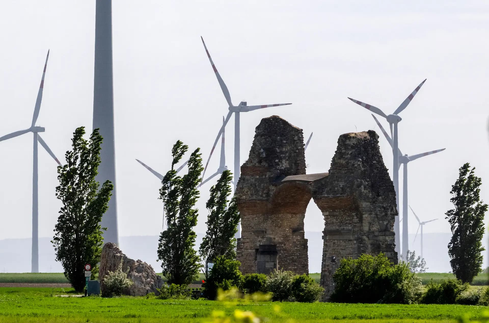 El 5 de mayo de 2026, los aerogeneradores rodean la histórica ciudad romana de Carnuntum, cerca de la localidad de Bad Deutsch-Altenburg, en la Baja Austria. (Joe Klamar/AFP vía Getty Images).