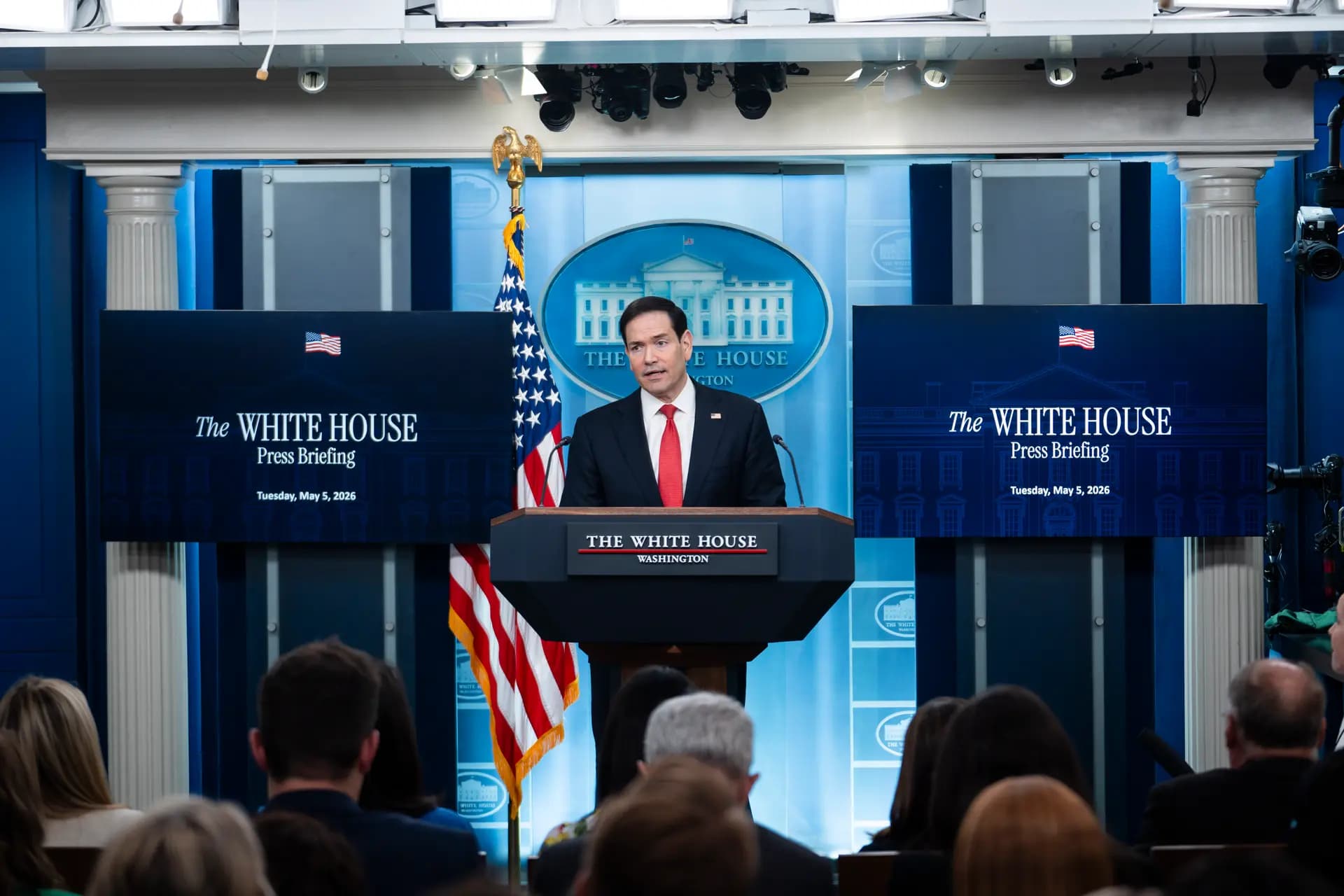 El secretario de Estado Marco Rubio interviene durante una rueda de prensa en la Casa Blanca el 5 de mayo de 2026. (Madalina Kilroy/The Epoch Times).