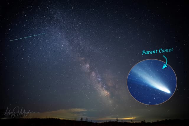 Lluvia de meteoros Eta Acuáridas sobre Hamburgo, Nueva York, el 6 de mayo de 2021. (Cortesía de Mary Jo Machnica); Recuadro: Cometa Halley. (NASA)
