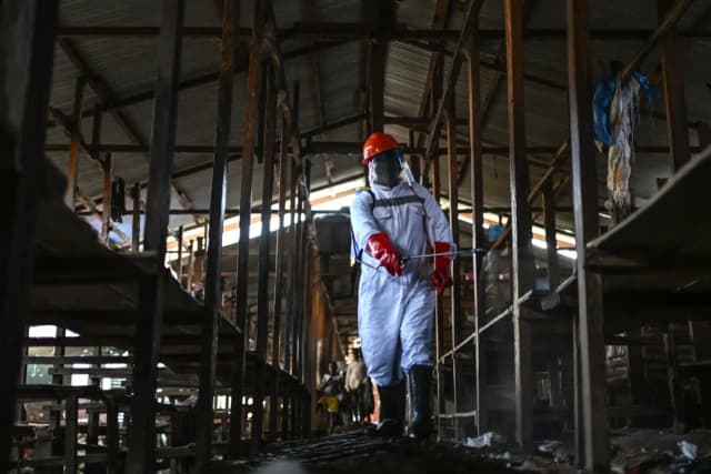 Un trabajador de saneamiento del gobierno de la ciudad de Bunia rocía cloro para desinfectar el mercado central, mientras la provincia de Ituri continúa combatiendo un brote de ébola, en Bunia, Congo, el 23 de mayo de 2026. (Moses Sawasawa/AP Photo).