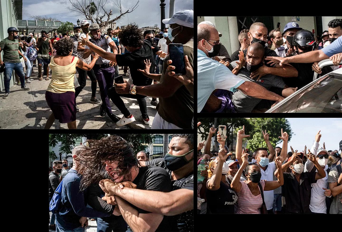 (Arriba a la izq. y a la dcha). La policía detiene a manifestantes anti-régimen en La Habana el 11 de julio de 2021. (Abajo a la izq.) Policías de civil detienen a un manifestante en La Habana el 11 de julio de 2021. (Abajo a la dcha.) Manifestantes anti-régimen marchan en La Habana el 11 de julio de 2021. (Ramon Espinosa/AP Photo, Eliana Aponte/Archivo/AP Photo)