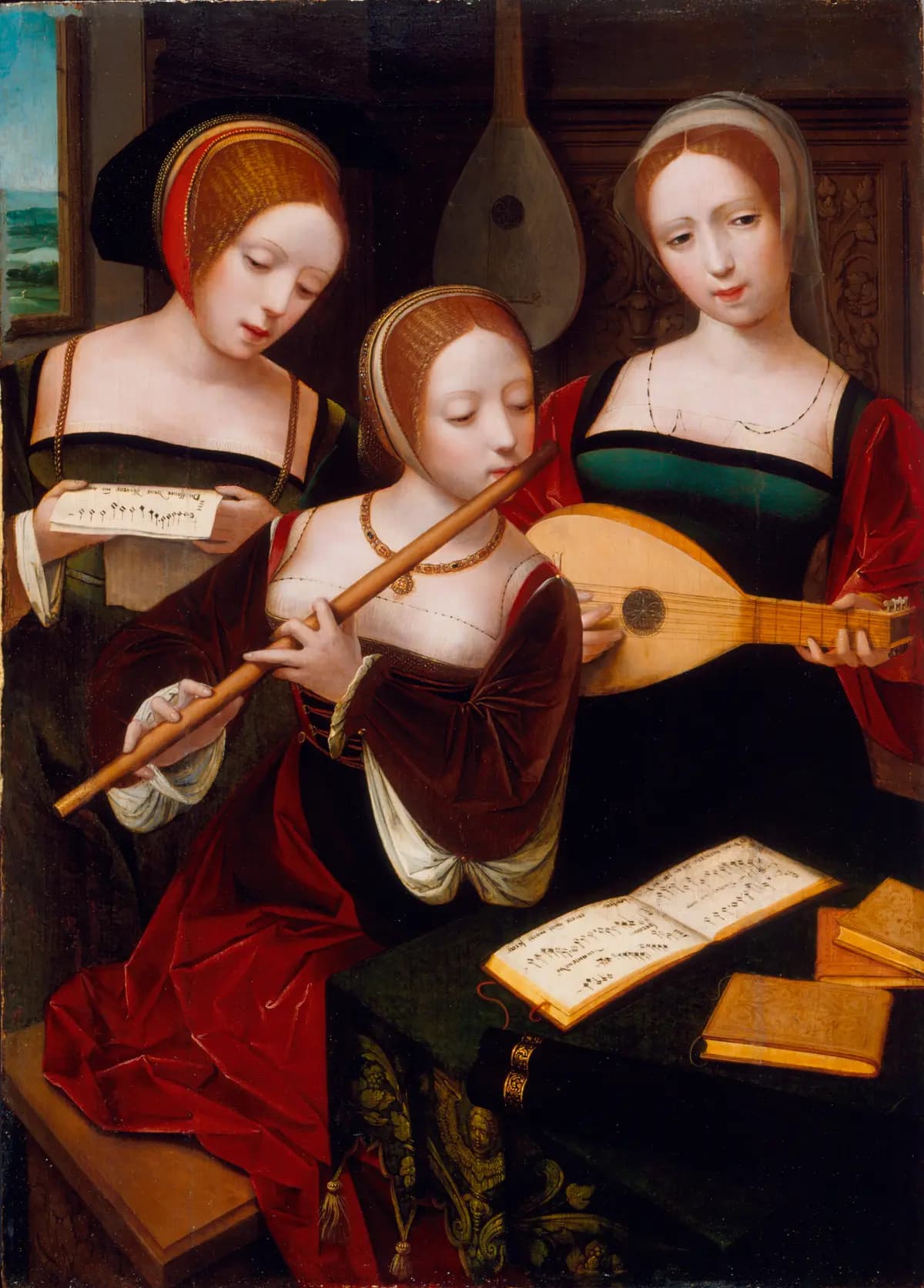 "Los Tres músicos", hacia 1530, del Maestro de los retratos de medio cuerpo de mujeres. Óleo sobre tabla; 20 7/8 pulgadas por 14 15/16 pulgadas. Donación de Varya y Hans Cohn, Museo de Arte del Condado de Los Ángeles. Derechos de autor: (Museum Associates/LACMA)