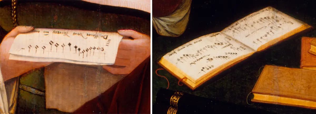 Detalle de una partitura de "Los tres músicos", circa 1530, del Maestro de los retratos de medio cuerpo de mujeres. Museo de Arte del Condado de Los Ángeles. Derechos de autor: (Museum Associates/LACMA)