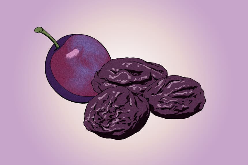 Ciruelas pasas, un remedio casero de la abuela que combate el estreñimiento y beneficia la salud intestinal. (Ilustración de Ran/The Epoch Times). 