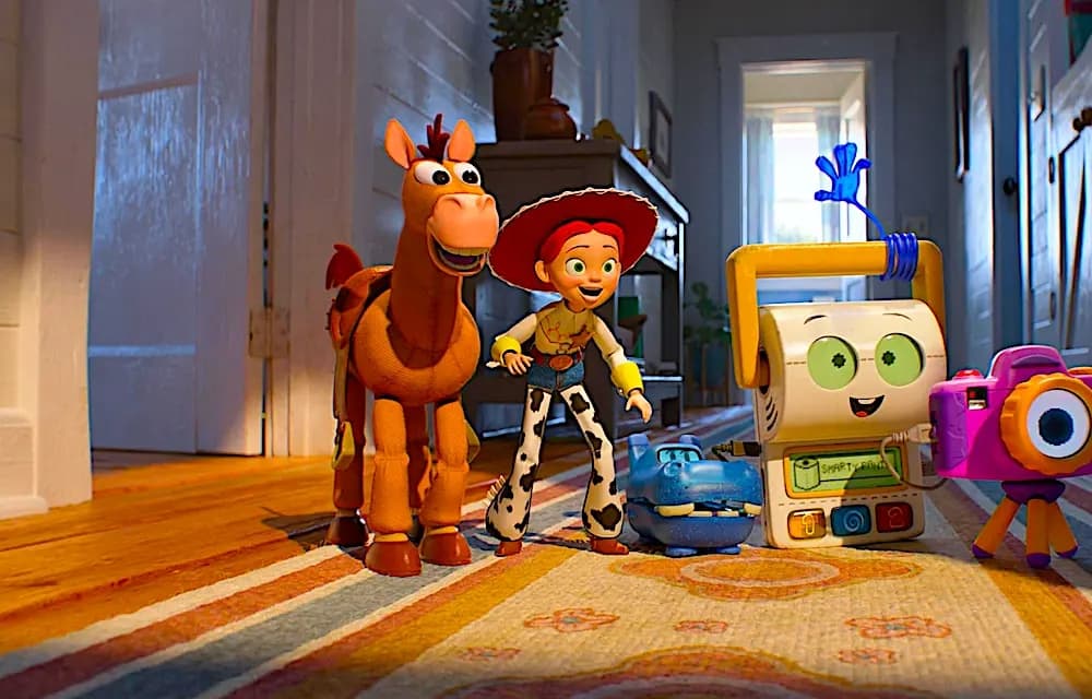 (De izquierda a derecha) Blaze, Jessie (con la voz de Joan Cusack), Atlas (con la voz de Craig Robertson), Smarty Pants (con la voz de Conan O’Brien) y Snappy (con la voz de Shelby Rabara) en “Toy Story 5”. (Walt Disney Studios Motion Pictures)