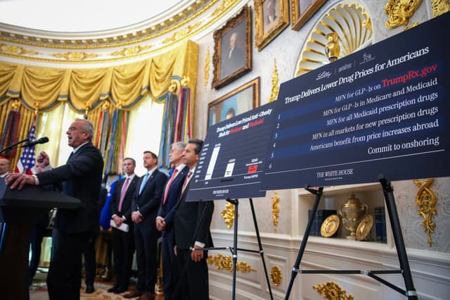 El secretario de Salud, Robert F. Kennedy Jr., habla junto a gráficos que muestran los precios de los medicamentos en un evento en el que el presidente Donald Trump pronunció un discurso sobre la reducción de los precios de los medicamentos en el Despacho Oval el 6 de noviembre de 2025. (Andrew Harnik/Getty Images).