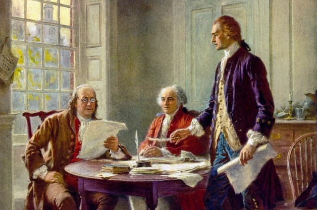 “Redacción de la Declaración de Independencia, 1776”, de Jean Léon Gérôme Ferris, principios del siglo XX. La pintura al óleo representa (de izquierda a derecha) a Benjamin Franklin, John Adams y Thomas Jefferson. (Dominio público)
