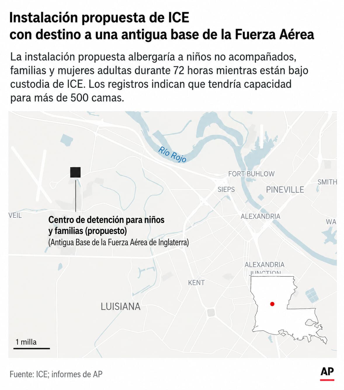 La imagen superior muestra la ubicación de un centro de detención familiar del ICE en Luisiana. (AP Digital Embed).